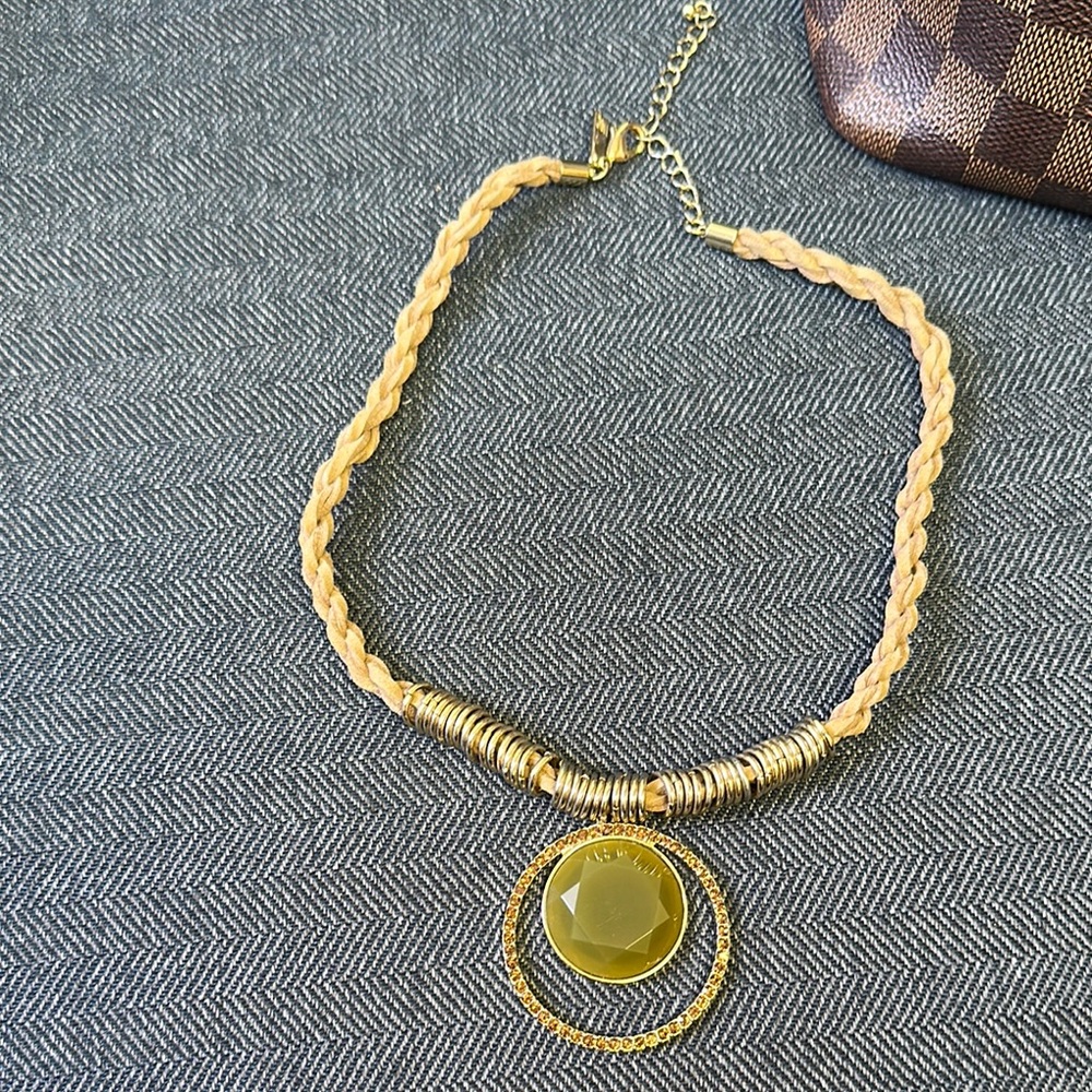 Gold Braided faux suede  Necklace with Pendant